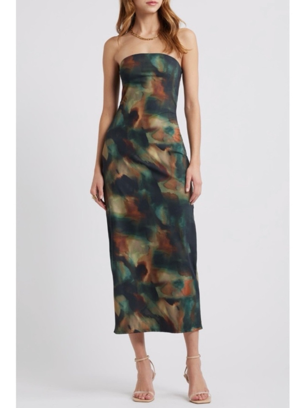 Open Edit Strapless Midi Dress Watercolor Design Size Large